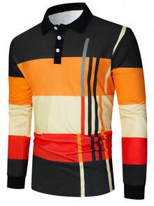 Manfinity Homme 男士撞色条纹图案 Polo 衫，秋季款，长袖上衣 - 橘色 - 查看 3