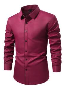 Manfinity Bizformal 男士纯色前开襟休闲长袖衬衫，正式场合适用 - 酒紅色 - 查看 6