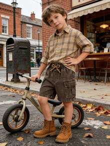 Genkimix Kids Kleine Jungen Casual Jeans Shorts, khakifarben, Frühling/Sommer, Kordelzug Dekoration, Cargo Taschen, weite Passform, weiches & bequemes Material, modischer Alltags-Look - Braun - Übersicht 8