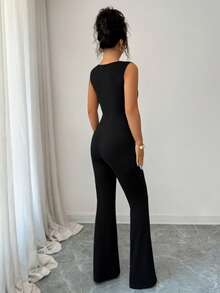 SHEIN Elenzya 金属扣不对称肩部连体裤，高腰显瘦喇叭裤，黑色连身裤 - 黑色 - 查看 2