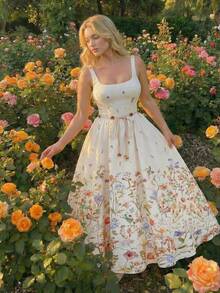 SHEIN MOD Đầm dài dáng rộng màu mơ in họa tiết, đính cườm, cổ vuông, thích hợp cho các buổi đi chơi và kỳ nghỉ xuân/hè. - Nhiều màu - Xem 2