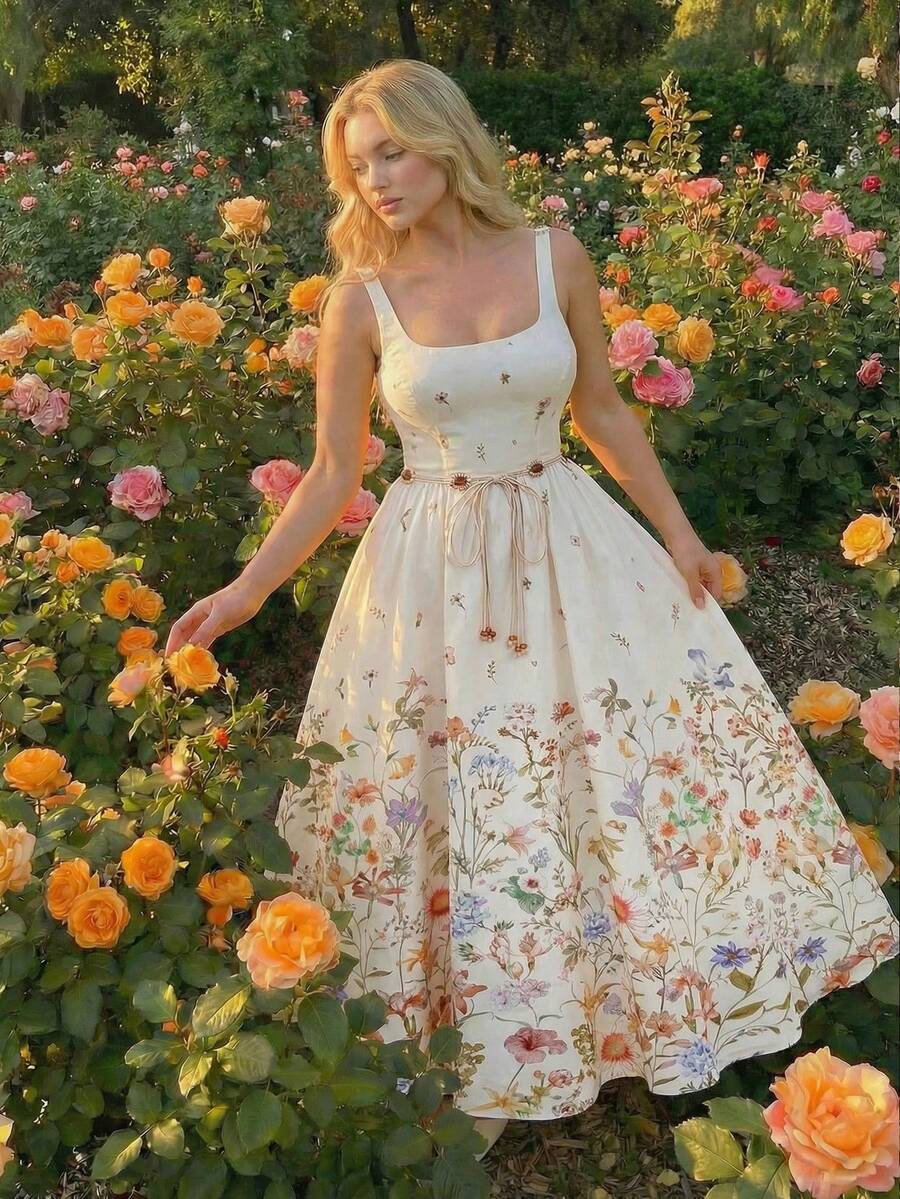 SHEIN MOD Đầm dài dáng rộng màu mơ in họa tiết, đính cườm, cổ vuông, thích hợp cho các buổi đi chơi và kỳ nghỉ xuân/hè.