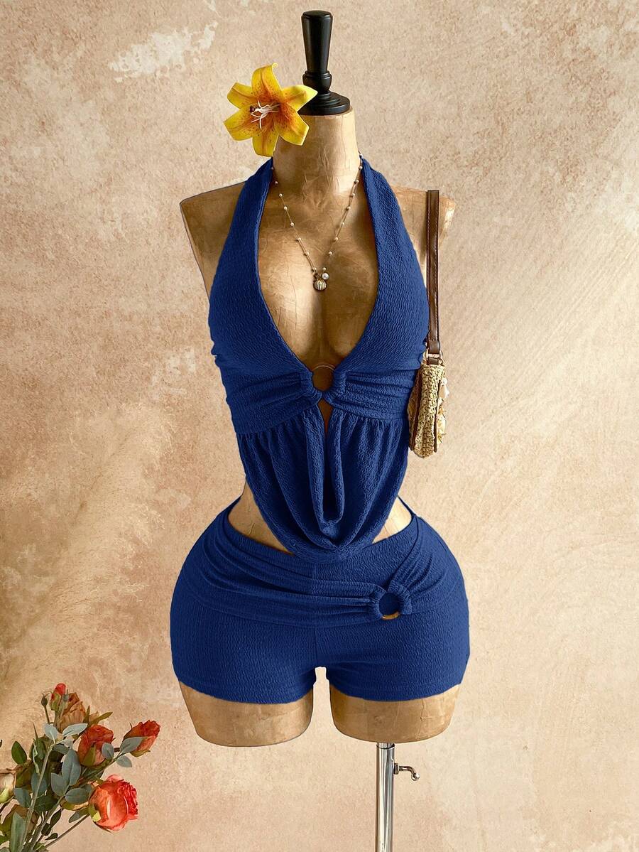 Soleia 女士纯色简约日常穿搭露背上衣和短裤两件套 - 藏蓝色 - 查看 1
