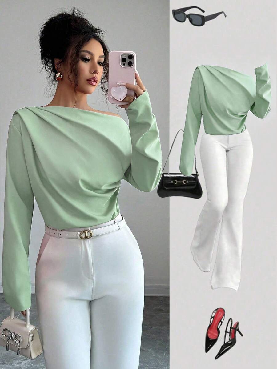 Elenzga Blusa de manga larga con volantes y hombros oblicuos para mujer, nueva para el otoño - Verde - Ver 1