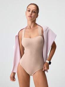 Loungeista 1件女款素色無縫腰部收緊內褲連身衣黑色細肩帶三角內褲塑身衣休閒腹部控制塑身衣婚禮連身衣女款塑身連身衣女款塑身衣羅紋連身衣夏季適用 - 杏色 - 查看 10