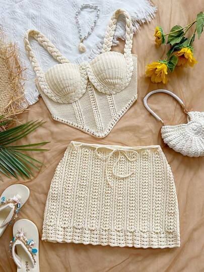 Soleia Conjunto de dos piezas de top sin espalda de ganchillo y falda de cintura baja de talla grande y sexy, adecuado para vacaciones, festivales de música, estilo bohemio, días festivos, citas de té por la tarde