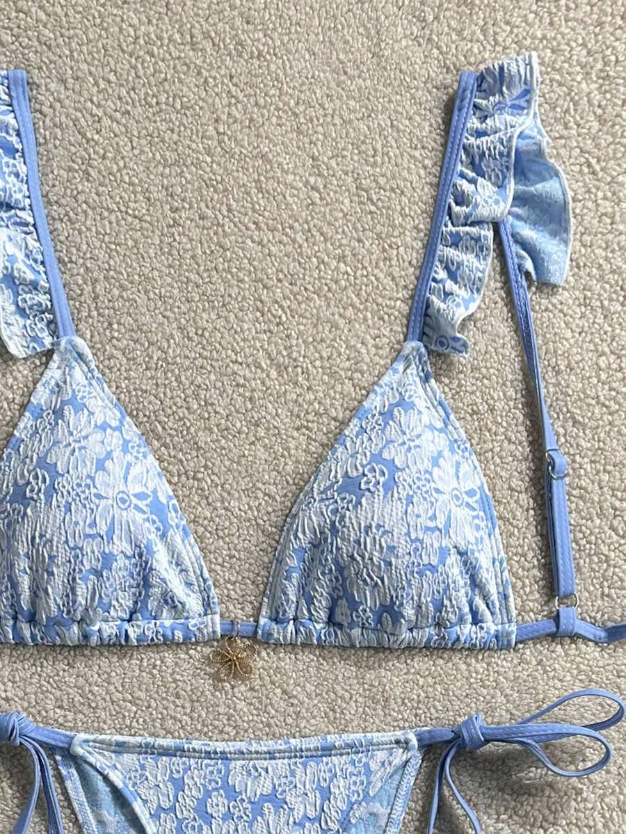 Swim Mod Women's Casual Sexy Vacation Beach Party White And Blue Floral Special Fabric Spaghetti Strap Triangle Cup Floral Pendant 2 Pieces Swimwear Summer - Blue - View 1