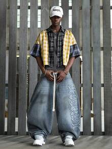 NEON BLANC 男士字母刺绣阔腿牛仔裤 - 藍色 - 查看 1