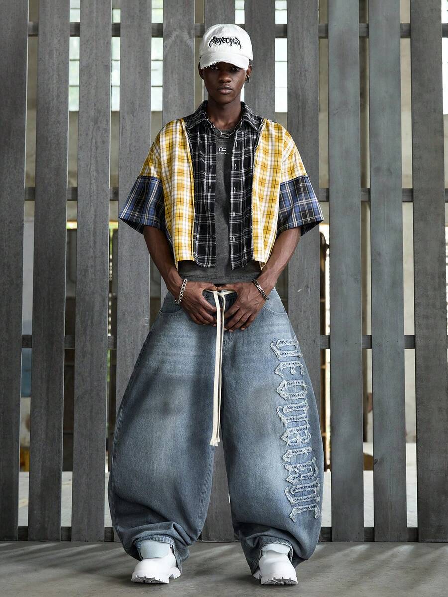 NEON BLANC 男士字母刺绣阔腿牛仔裤 - 藍色 - 查看 1