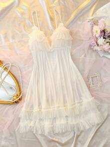 Women's Sexy Sheer Polka Dot Mesh Multi-Layer Ruffle Trim Spaghetti Strap Mini Nightgown - Pink - View 6