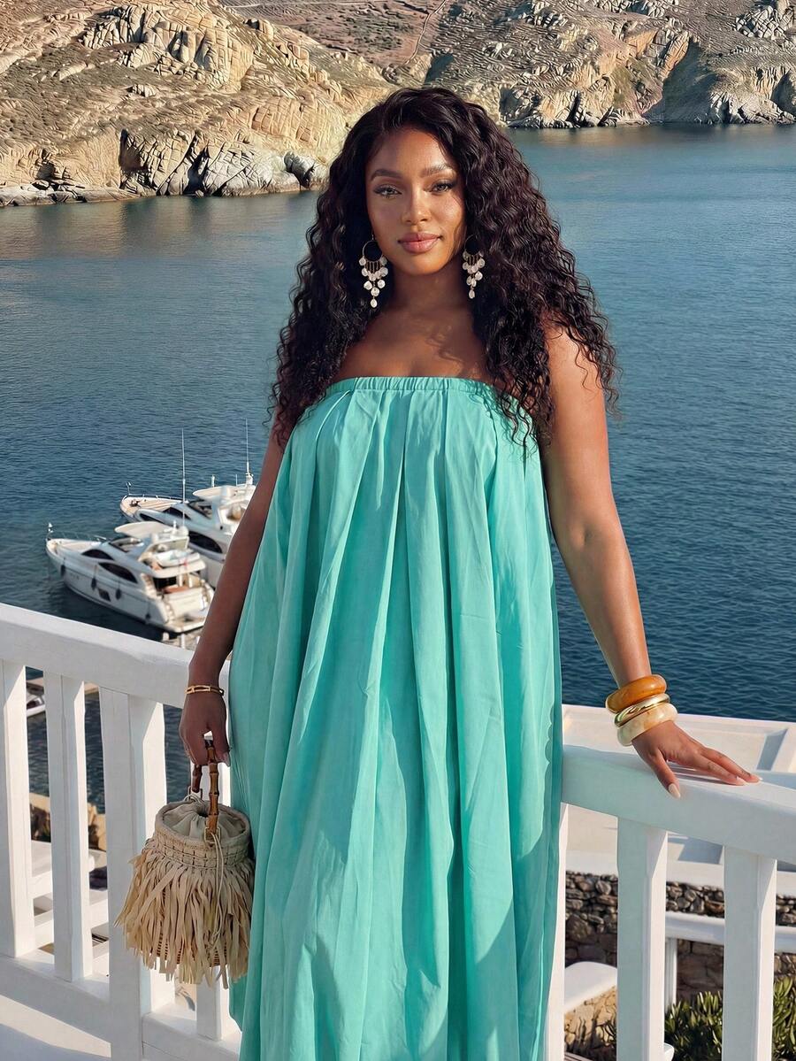 Slaydiva Đầm midi cúp ngực nữ mùa Xuân/Hè thanh lịch, thích hợp đi làm và dạo phố, dự tiệc sinh nhật, lễ tốt nghiệp, trang phục học sinh, đi chơi hàng ngày, đa năng, thư giãn, nghỉ dưỡng, du lịch biển, tắm nắng, hợp xu hướng, công sở thường ngày, tối giản và thoải mái. - màu xanh lá - Xem 1