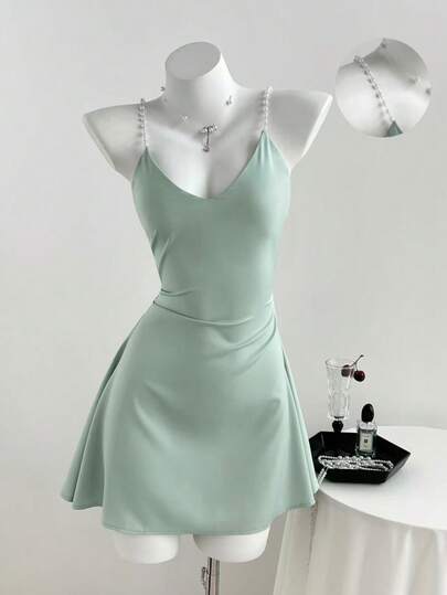 Elamini Vestido con camisola de cuello en V con decoración de perlas y conchas, falda recogida en la cintura, de tela de satén, adecuado para primavera, verano y otoño