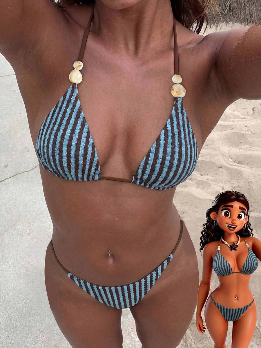 Swim Vcay 女士沙滩音乐节春夏条纹针织提花串珠性感露背吊带可爱比基尼套装 - 彩色 - 查看 1