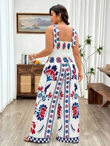 Weeklong Ensemble 2 pièces grande taille pour femmes, comprenant un débardeur à nœud papillon élégant et des pantalons droits à jambes larges imprimés, idéal pour les sorties décontractées, les vacances, les festivals de musique bohèmes, les fêtes d'été et les tenues modernes - Multicolore - Voir 2