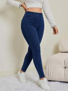 SHEIN Tall Women's Summer Casual High Waist Skinny Jeans Dark Blue Stretch Butt Lifting Tummy Control Slim Fit Denim Pants With Pockets Perfect For Daily & Streetwear Outfits Women's Elastic Waist Skinny Casual Jeans - Dark Wash - View 4