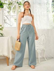 SHEIN Essnce Quần ống rộng màu trơn dành cho nữ, có dây rút, túi, phù hợp cho phong cách nghỉ mát mùa xuân. - Màu xanh bụi bặm - Xem 5