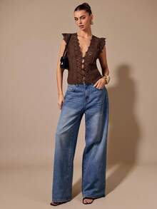 SHEIN BAE 黑色蕾丝无袖性感深V领简约时尚上衣，黑色蕾丝吊带衫，适合秋冬季穿着 - 咖啡棕 - 查看 6