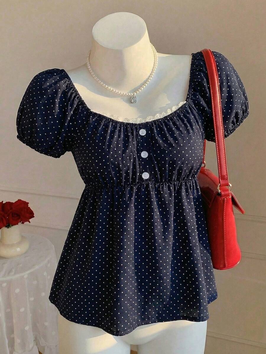 SHEIN Áo kiểu dễ thương cho bé gái tuổi teen, họa tiết chấm bi, cổ áo hình trái tim, tay phồng. - Màu be - Xem 1