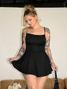 Arliah Đầm mini hở lưng màu đen dây chéo cho nữ - màu đen - Xem 5