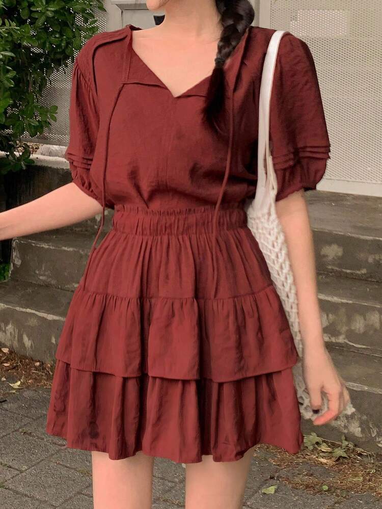 Women's Summer Casual Solid Color Knotted Collar Top And Multi-Layer Ruffle Hem Skirt 2-Piece Set