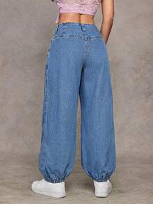 Jeanoix Y2K 女式高腰口袋休闲锥形牛仔裤 - 淺色水洗藍 - 查看 2