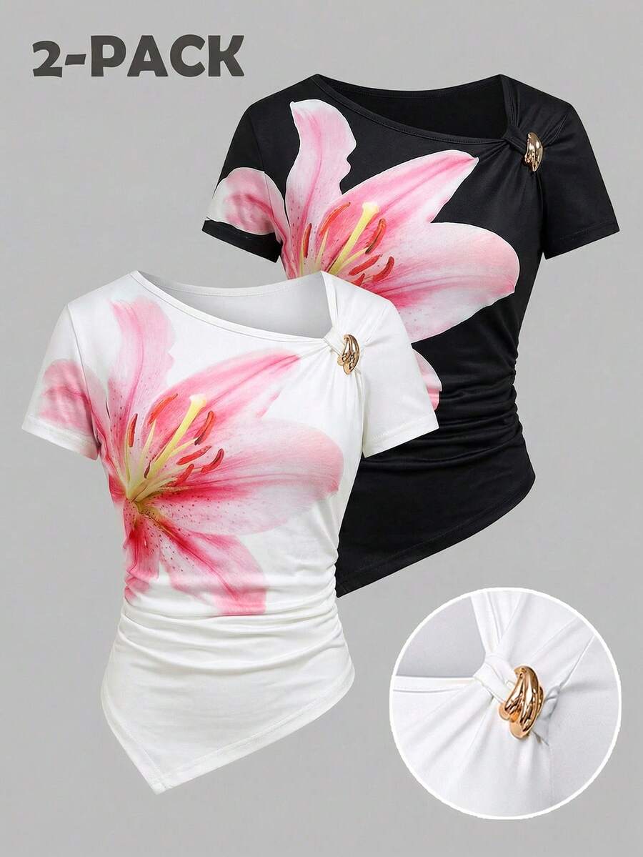 SHEIN Teen GirlMulti-Color Design Asymmetric Neck Ruched Waist + Metal Buckle Irregular Short Sleeve T-Shirt, Suitable For Spring And Summer Wear, Unique Asymmetric Neck Design, Ruched Waist, Metal Buckle Accent, Showcasing Personalized Fashion, Suitable For Daily, Party, Campus And Other Occasions - Black and White - View 1