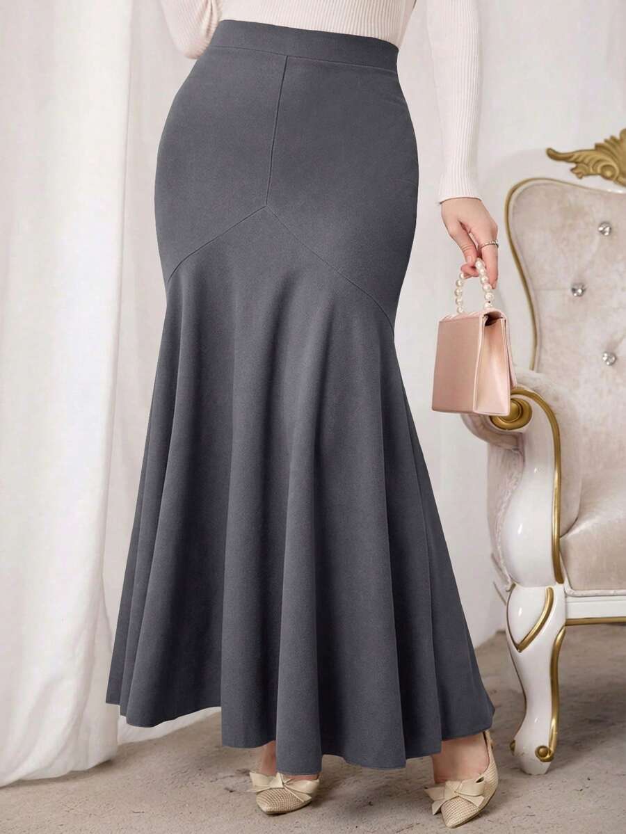 Modelyn Falda de unicolor con cintura alta y dobladillo de sirena para mujer de talla grande - Gris Oscuro - Ver 1