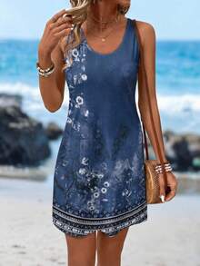 Sylviya 时尚印花无袖修身连衣裙，女士夏季连衣裙，休闲款 - 藍色 - 查看 5