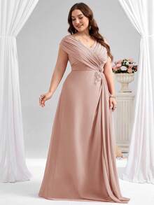 Coutiva Plus Size Women's Elegant Formal Wedding Evening Gown,Dusty Pink Summer Pleated Mother Of The Bride Dress,Sequin Mermaid Gala Bridesmaid Dress - Dusty Pink - View 4