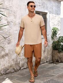 VENTUSAIL 男士休闲棉麻T恤，夏季款 - 杏色 - 查看 8