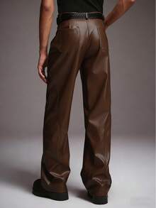 STYNVO Pantalones de hombre de unicolor, minimalistas, de piel de PU con parches - Marrón - Ver 2