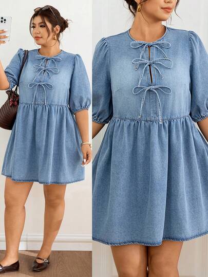 Lounesse Đầm denim thời trang dành cho nữ cỡ lớn, cổ tròn, thắt nút, xếp ly, thích hợp cho buổi hẹn hò.