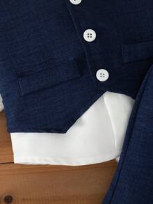 3pcs Baby Vest, Shorts & Bow Tie Set, Baby's First Mother's Day Outfit, Fashionable V-Neck Vest, Summer New Dress Set, V-Neck Vest Top With Fake Pocket Decor, Bow Tie Is Foldable, Elastic Waist Pants, Suitable For Birthday, Party, Wedding Outfit For Baby Boy - Royal Blue - View 4