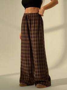 SHEIN Tall Quần nữ màu nâu kẻ caro dáng rộng, tối giản, phong cách thường ngày. - Nhiều màu - Xem 1