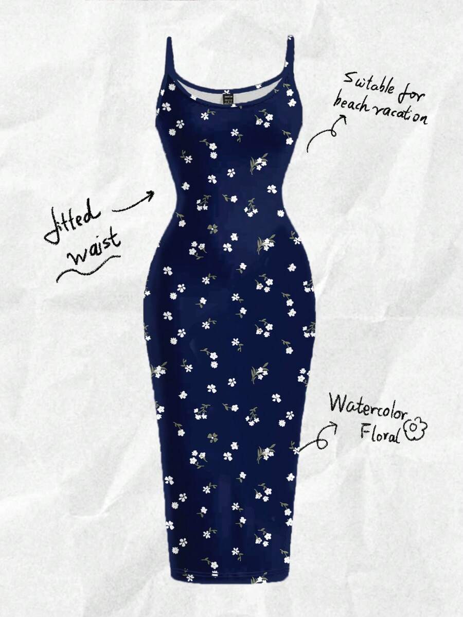 SHEIN EZwear 休闲简约度假风蓝色碎花修身吊带长裙,适合夏季、度假、海滩穿着 - 彩色 - 查看 1
