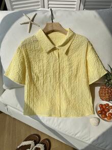 Comfortcana Plus Size Women's Solid Color Short Sleeve Single-Breasted Casual Textured Shirt - Yellow - View 3