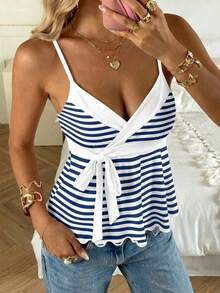 CovetEZ Women's Casual Striped Tie Strap Camisole - Blue and White - View 1