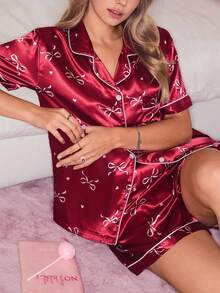 SweetSlumber Conjunto de bata y pijama de satén con estampado de lazos lindo para mujer - Multicolor - Ver 1