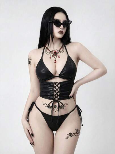 ROMWE Goth 女士春夏秋季哥特风露背细肩带系带反光皮革面料交叉绑带高端吊带比基尼套装，优雅沙滩度假休闲风
