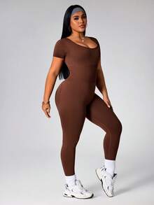 Rhythm Era Mono deportivo y de fitness sin costuras, de gran elasticidad, de manga corta y pantalón largo, talla grande, color marrón - Marrón - Ver 3