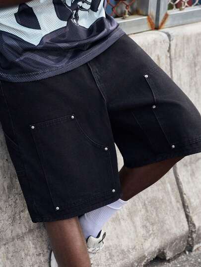 EVRINFINITE Quần short denim thường ngày rộng rãi, năm túi cho nam, dài đến đầu gối