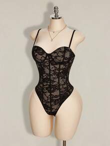 SHEIN ICON 女士花卉蕾丝性感吊带连体衣 - 黑色 - 查看 4