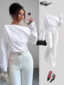 Elenzga Áo kiểu nữ tay dài xếp ly lệch vai mới mùa thu - trắng - Xem 1