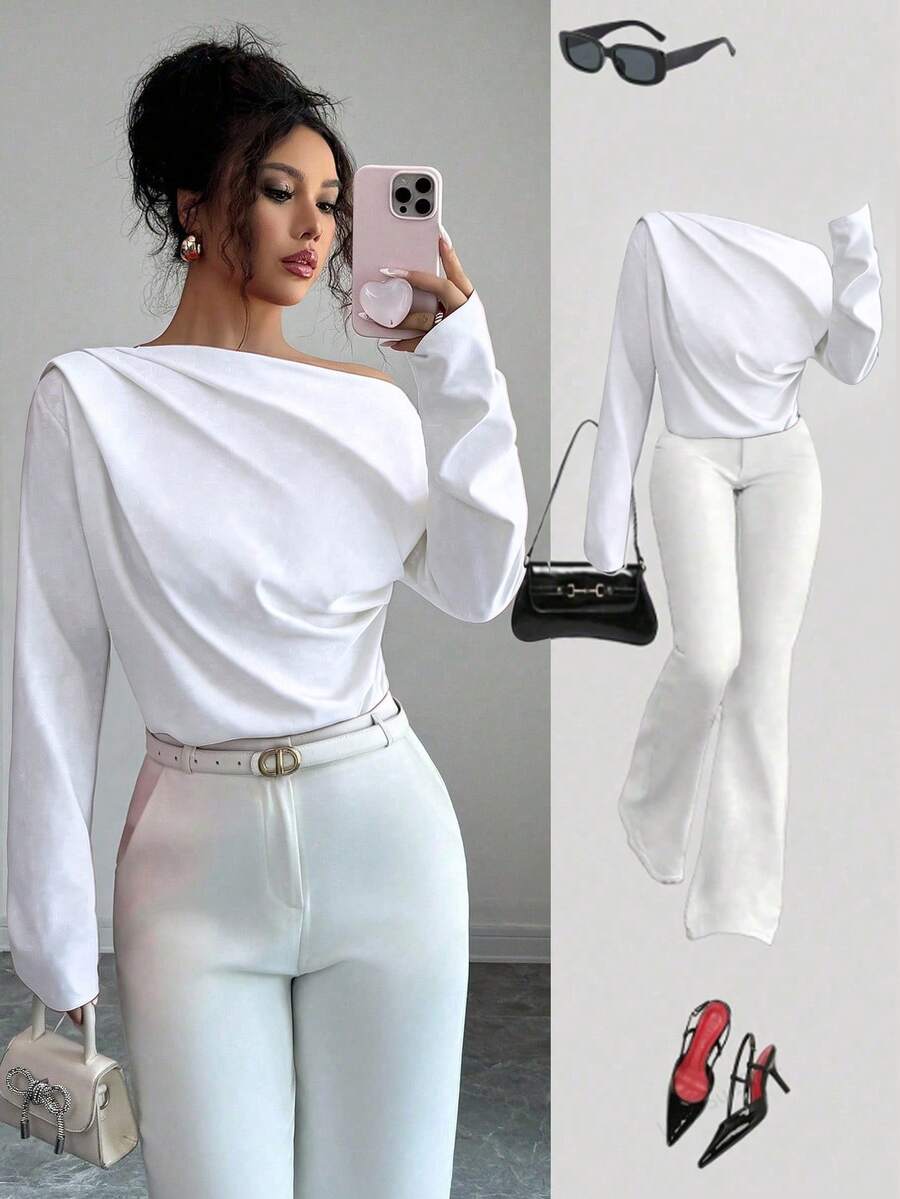 Elenzga Áo kiểu nữ tay dài xếp ly lệch vai mới mùa thu - trắng - Xem 1