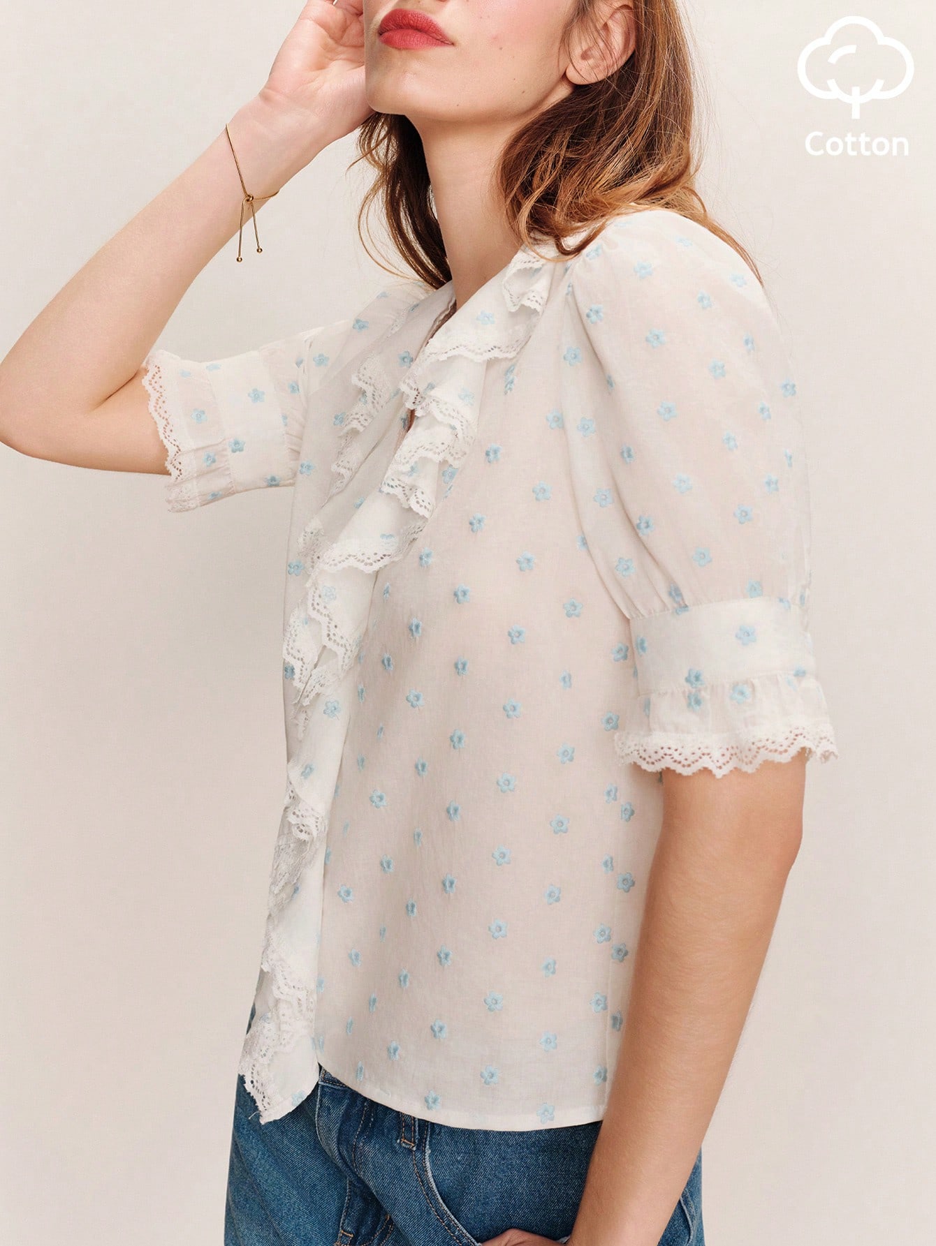 White Floral Plumetti Blouse With Ruffled Neckline Spring Summer French Style Parisian Style Vintage Cotton Top White Cotton Top White Flower Top Cute Top Office Outfit Blouse For Women Casual Blouse Women Ruffle Top Women Short Sleeve Blouse Floral Print Top