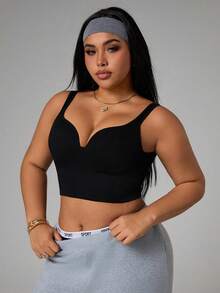 SHEIN Velisys 2PCS Bra Olahraga Wanita Ukuran Plus Warna Hitam Polos Musim Panas, Atasan Olahraga Atletik dengan Bra Terintegrasi untuk Pilates, Atasan Atletik Gym untuk Wanita Berlekuk - MultiWarna - View 5