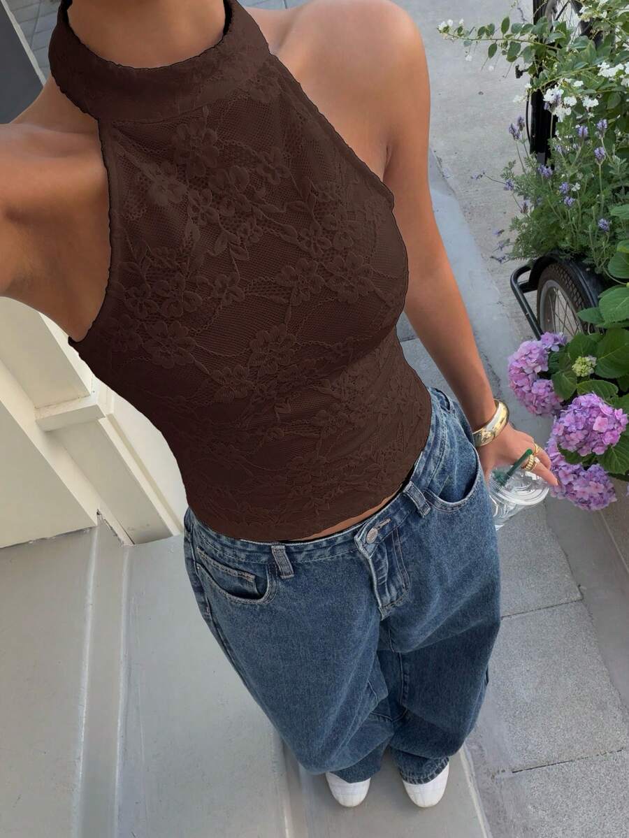 Muchica Brown Knit Halter Neck Top For Women,Summer Top - Brown - View 1