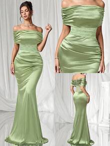 Coutiva 女士露肩褶皱撞色蕾丝鱼尾下摆正式晚礼服 - 薄荷綠 - 查看 1