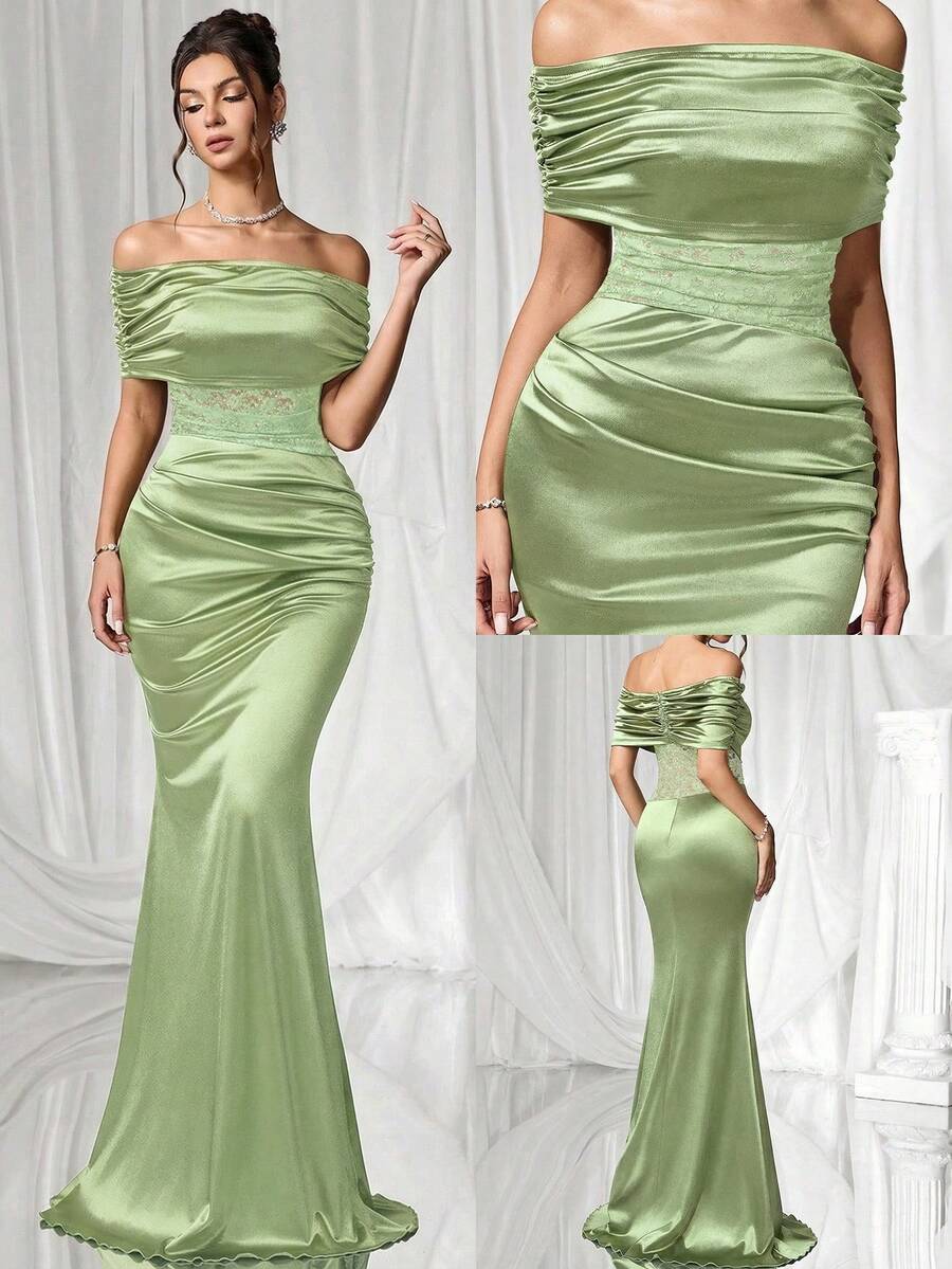 Coutiva 女士露肩褶皱撞色蕾丝鱼尾下摆正式晚礼服 - 薄荷綠 - 查看 1