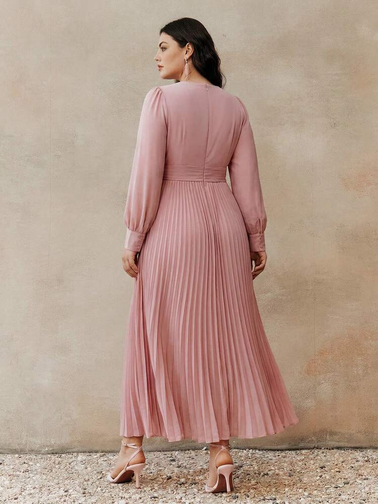 New Spring Pink Women's Long Sleeve Cross Neck Waist Tie Floral Design Pleated Plus Size Dress